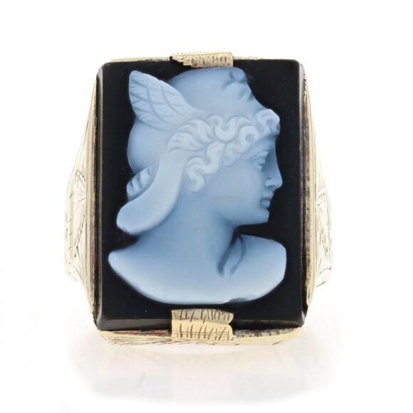Yellow Gold Banged Agate Art Deco Greek god Hermes Men's Ring 14k MythologyCameo - Picture 1 of 6
